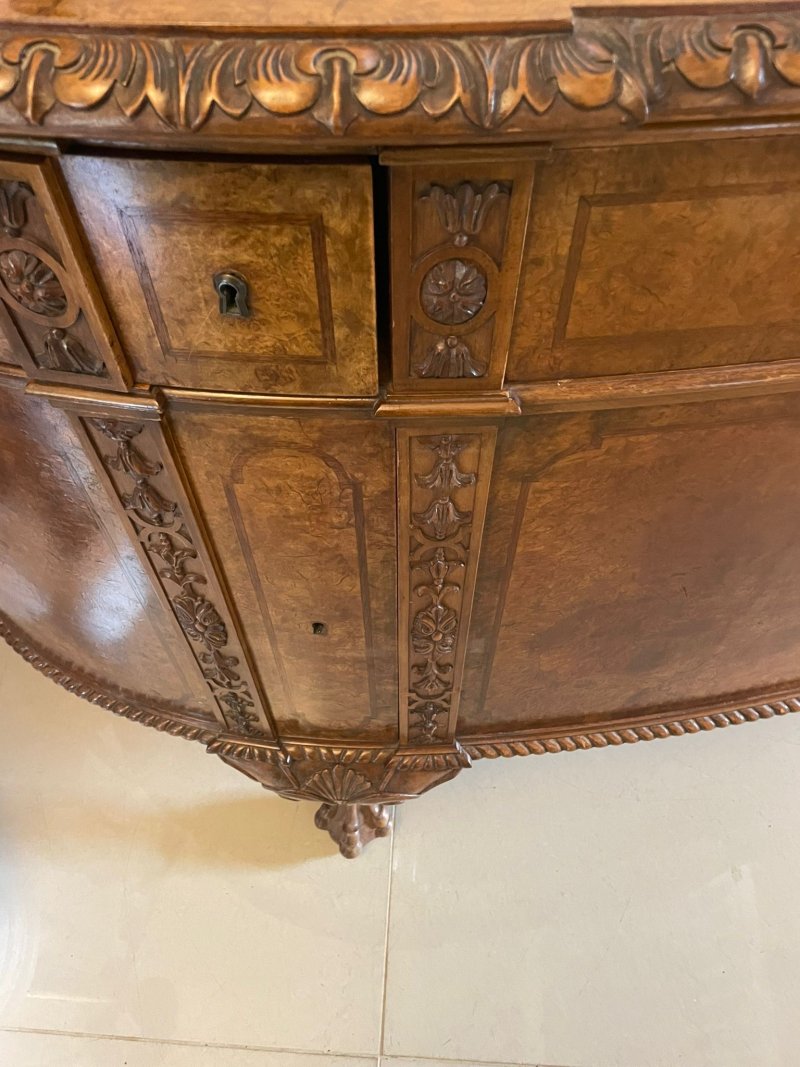 Outstanding Quality Large Antique Carved Burr Walnut Bow Fronted Sideboard - Image 10